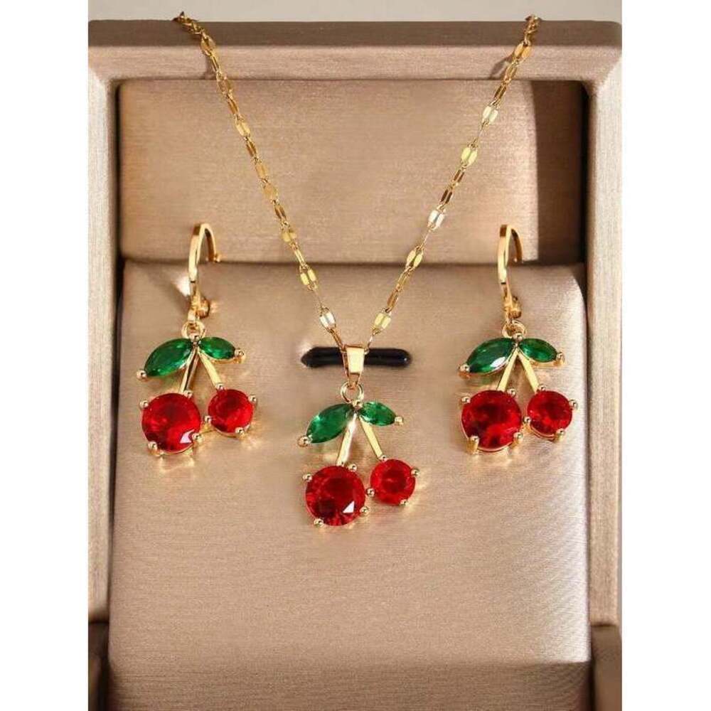 Fruit Series - Cherry Necklace and Earrings Set , Copper Material , Eleg Y2K
